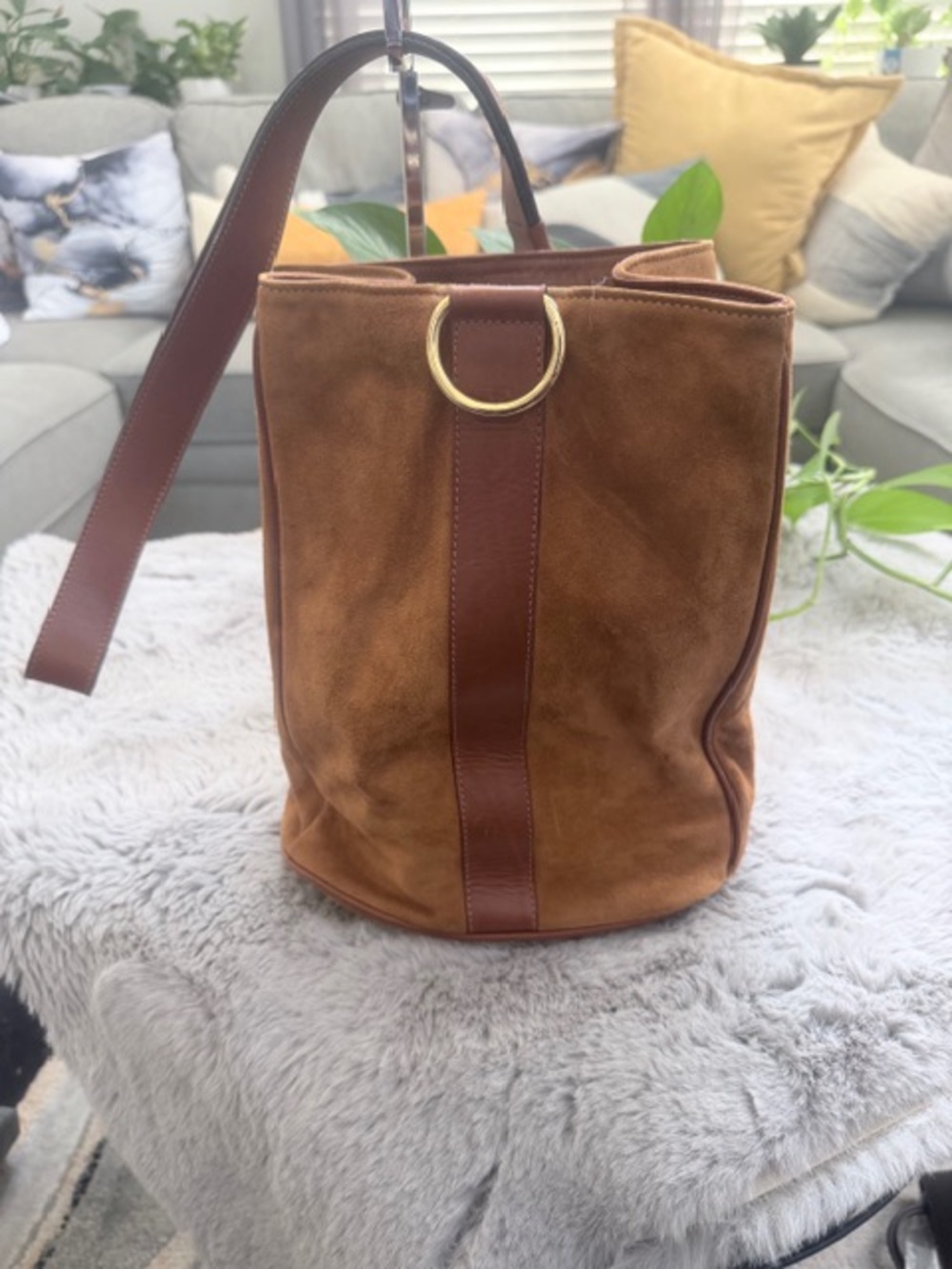 Valentino Garavani Suede Bucket Shoulder Bag with Leather Trim and Gold Ring